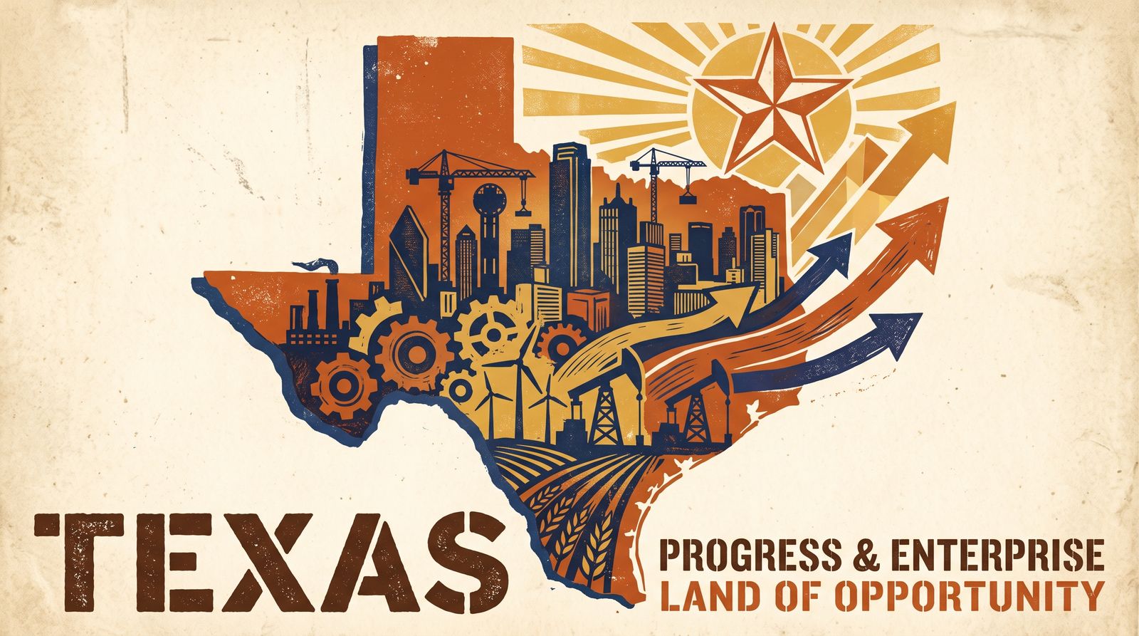 Illustrated map of Texas with a city skyline, gears, oil pumps and rising arrows